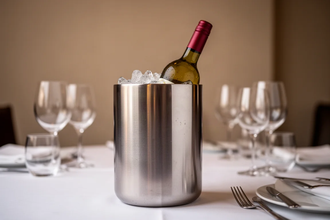 Aluminium wine cooler keeping a bottle chilled on a restaurant table