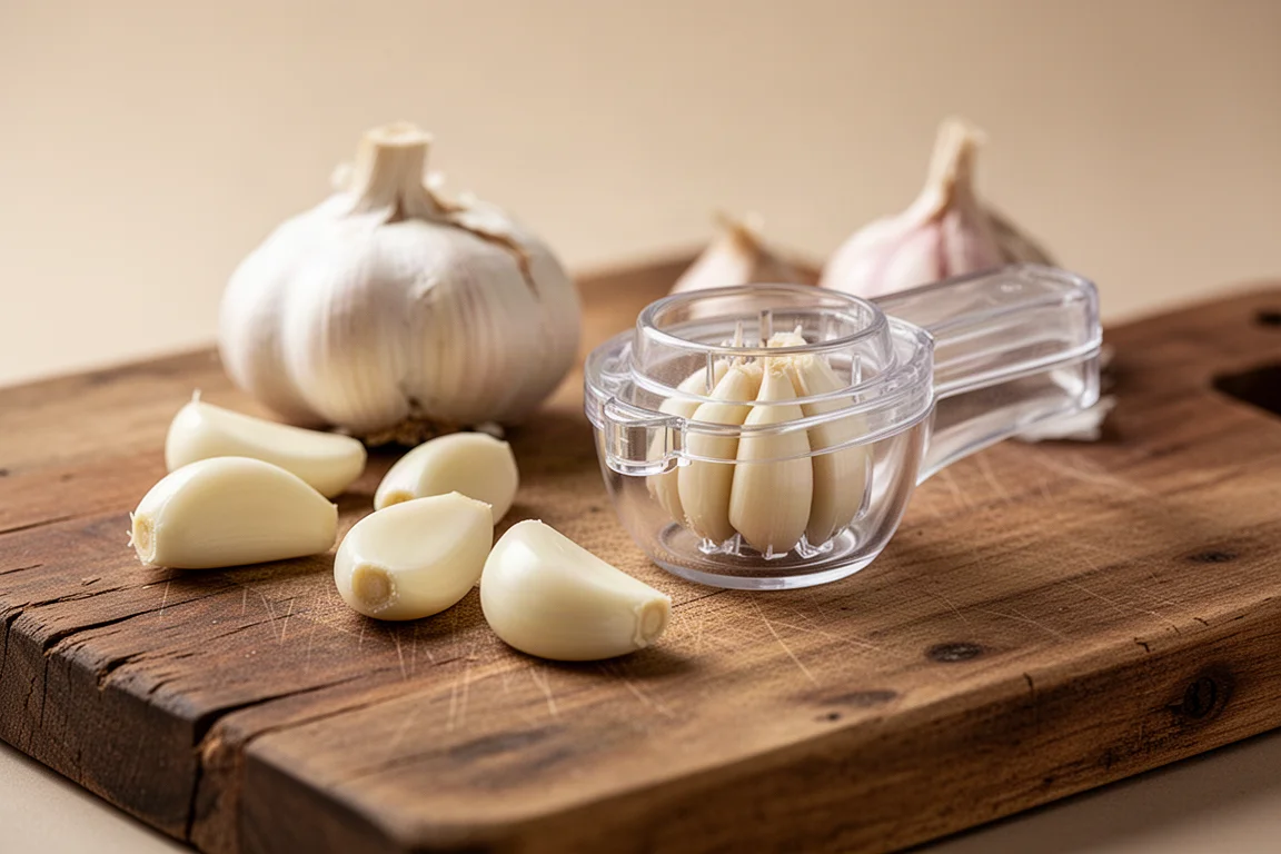 Fresh garlic cloves beside a transparent twisting garlic crusher on a wooden board