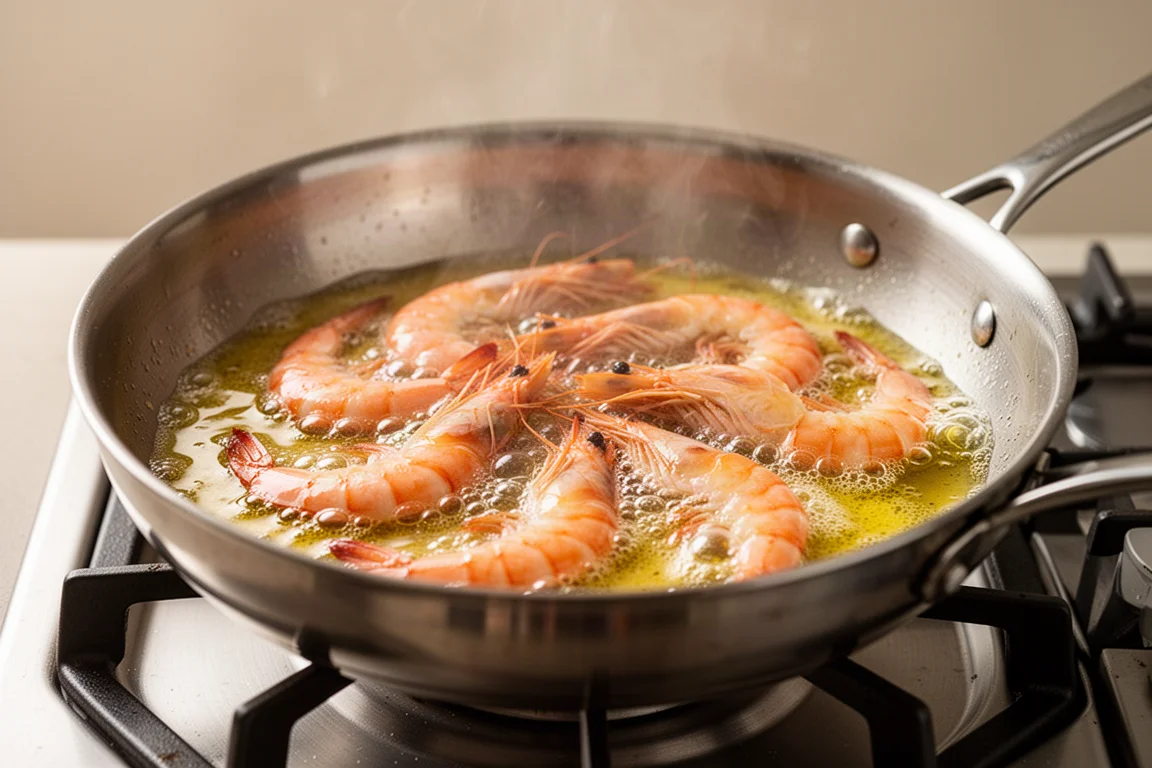 Raw prawns with garlic in a pan of bubbling butter on a stove