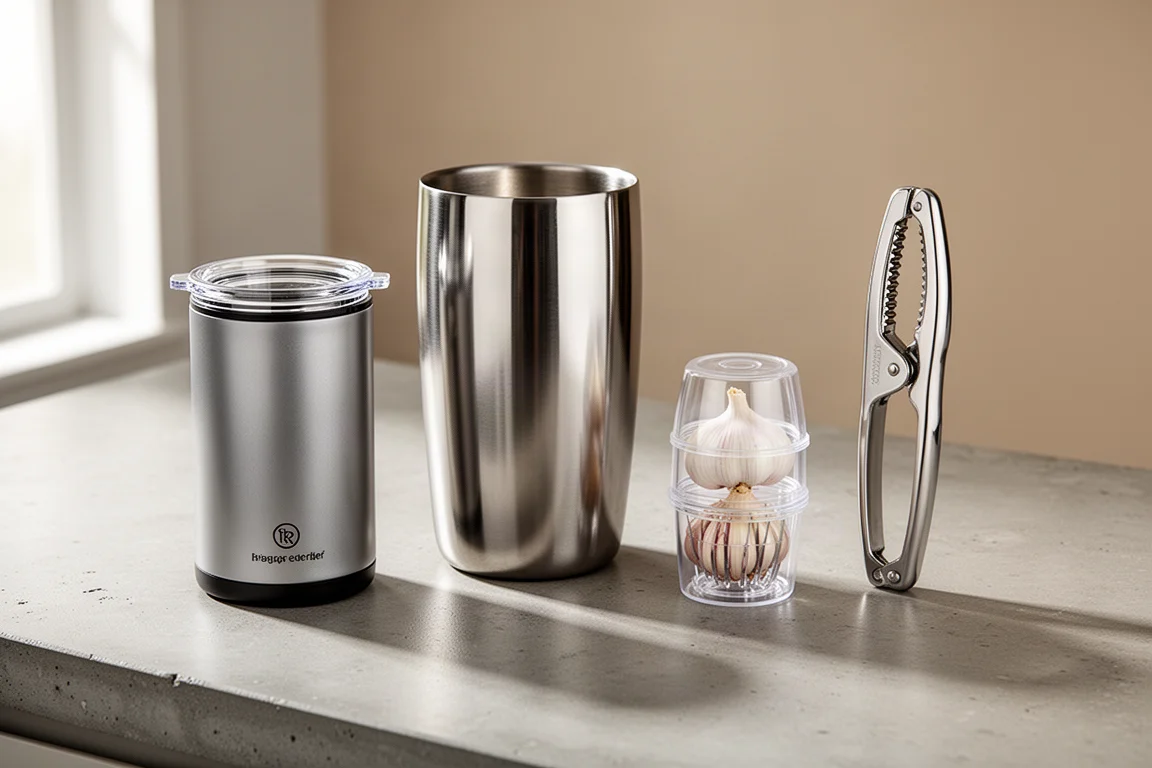 Four kitchen gadgets including a beverage chiller, wine cooler, garlic crusher and shrimp tools on a counter