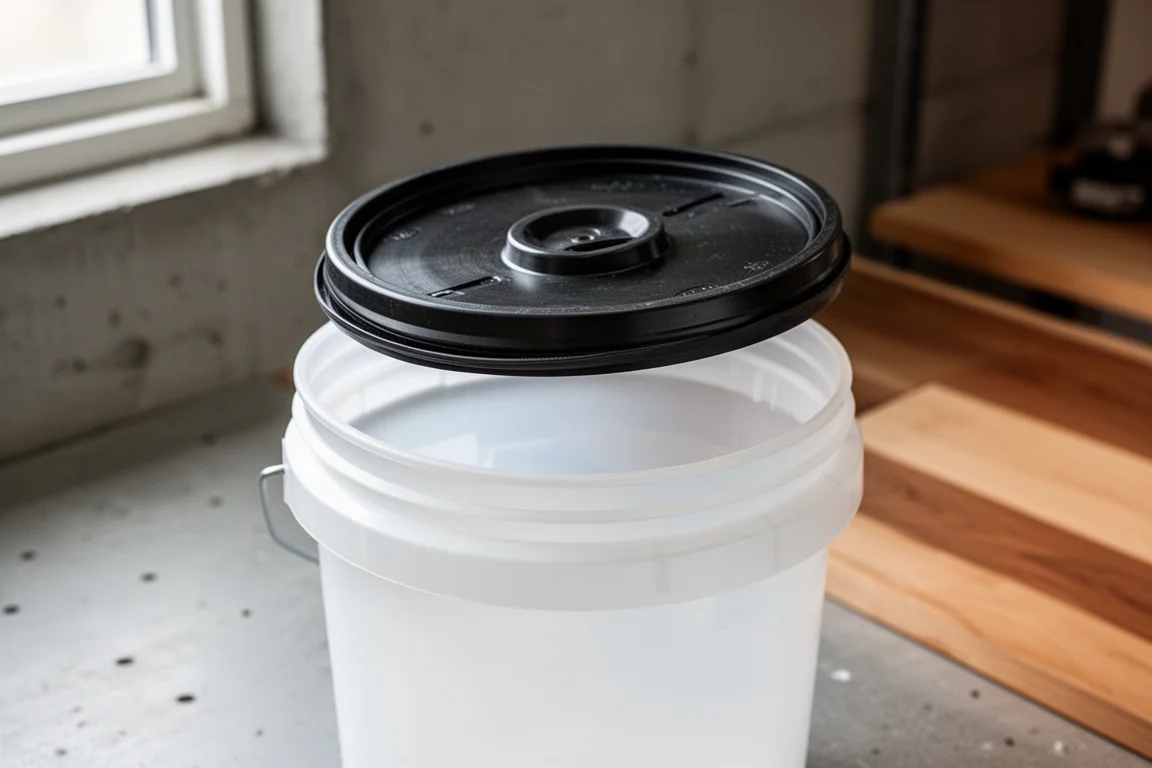 Een 5-gallon-emmer met een deksel dat eraf schroeft maar ook recht omhoog kan worden gelicht