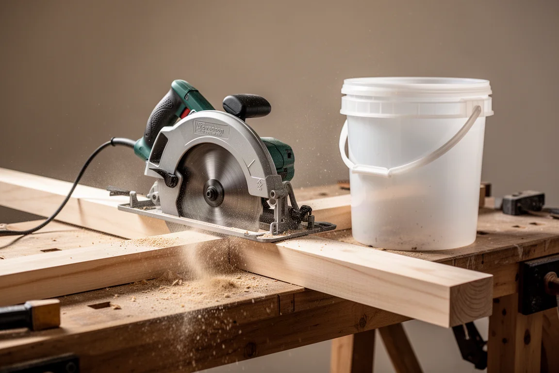Werkbank met een cirkelzaag die hout zaagt en waar fijn zaagsel rondstrooit