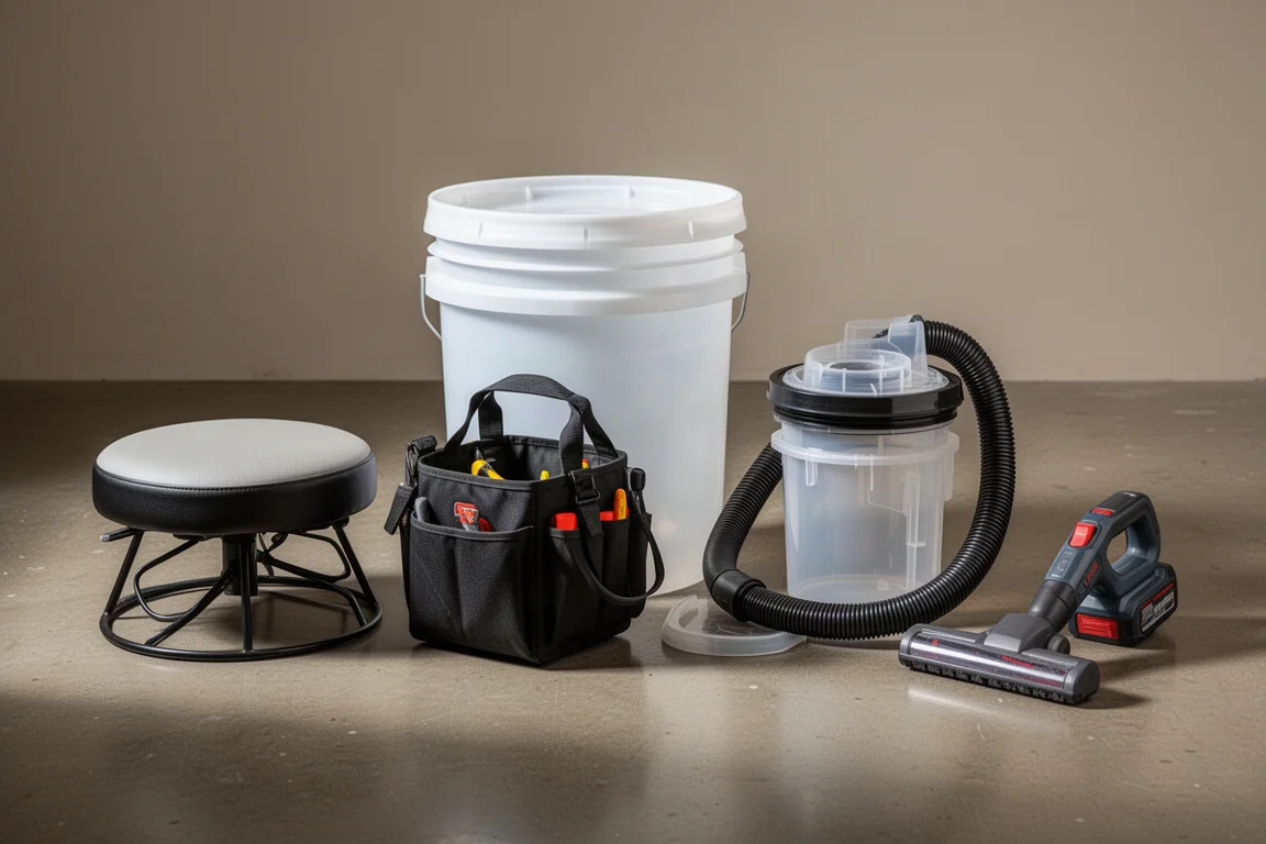 A 5-gallon bucket surrounded by four bucket-compatible accessories on a workshop floor