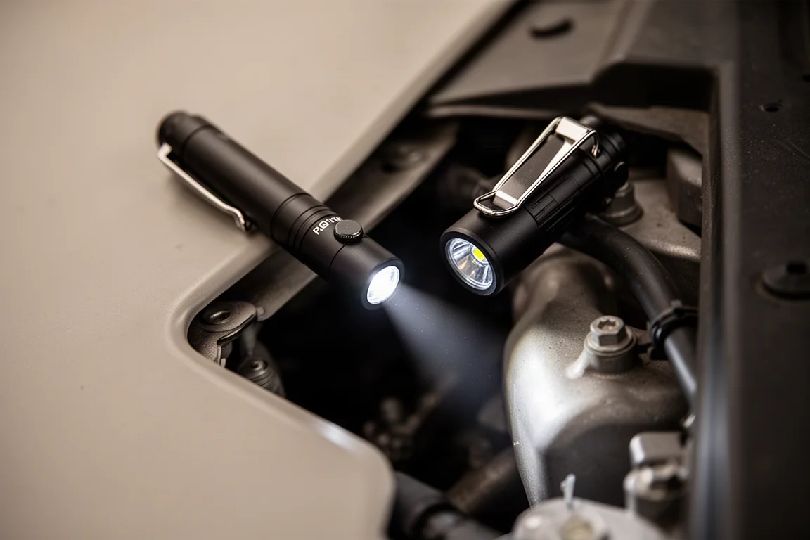 Compacte penvormige werklamp die aan de rand van een donkere motorruimte is geklemd