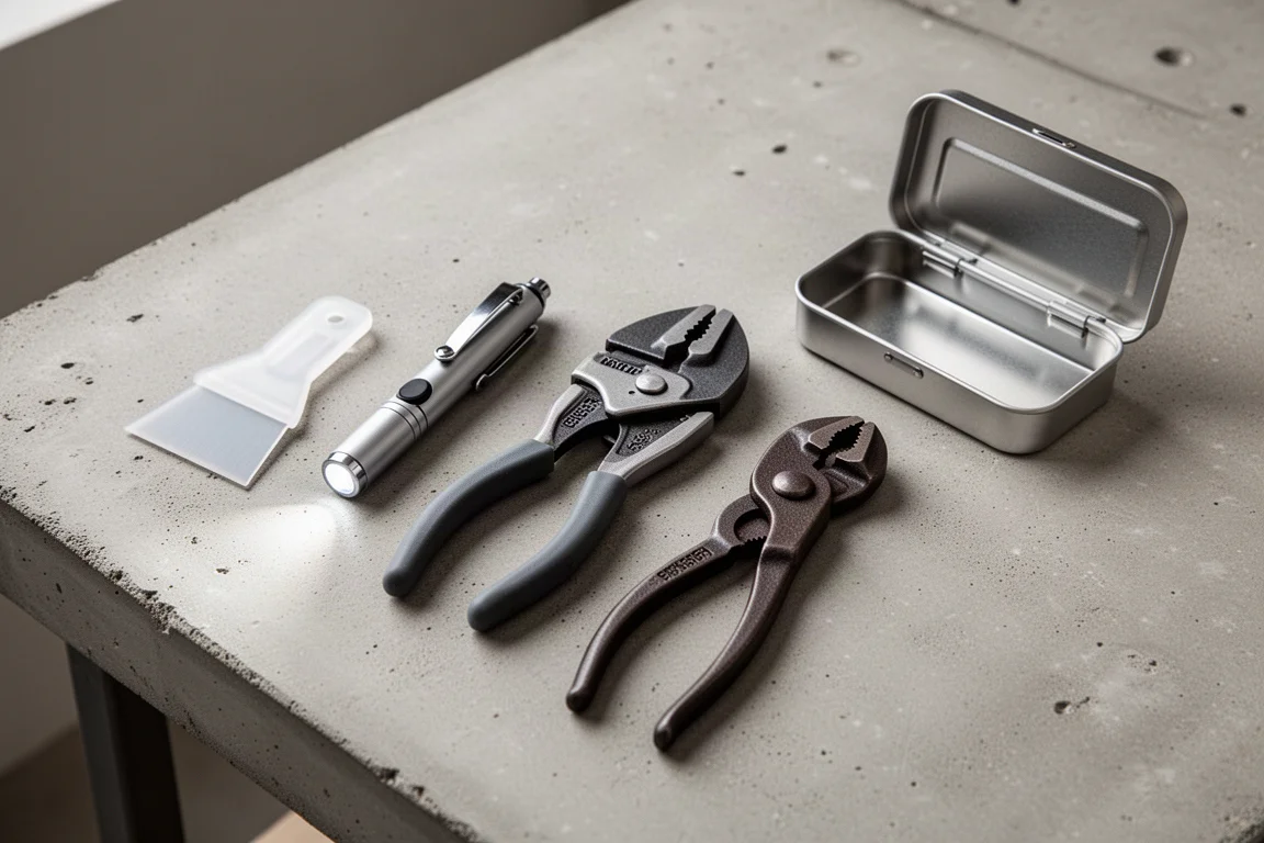 Vijf handgereedschappen, waaronder een schraper, werklamp, zekeringtang, buistang en een magnetische doos, op een betonnen ondergrond