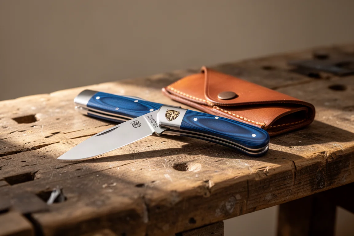 Traditionele front flipper zakmes met Micarta schalen op verweerd hout