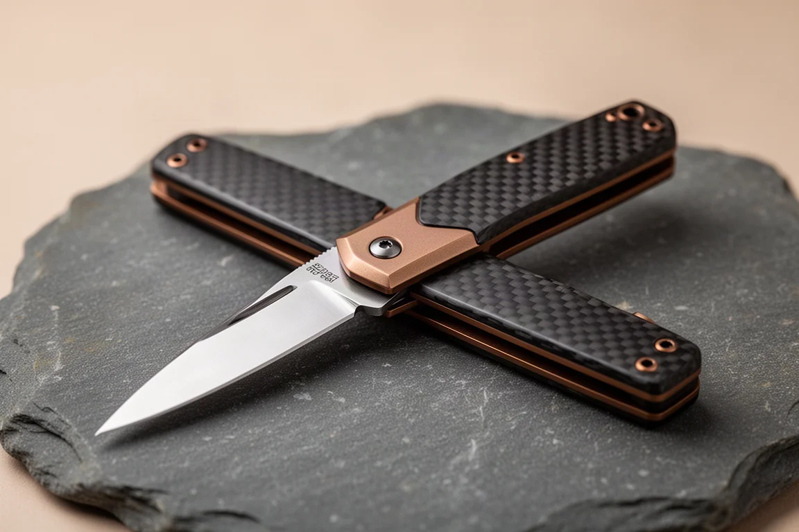 Clip point slip joint mes met donkere carbon fiber handvatten en bronzen accenten