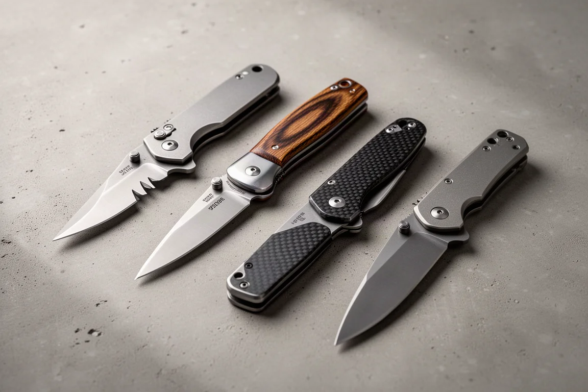 Five modern folding knives arranged on a matte concrete surface