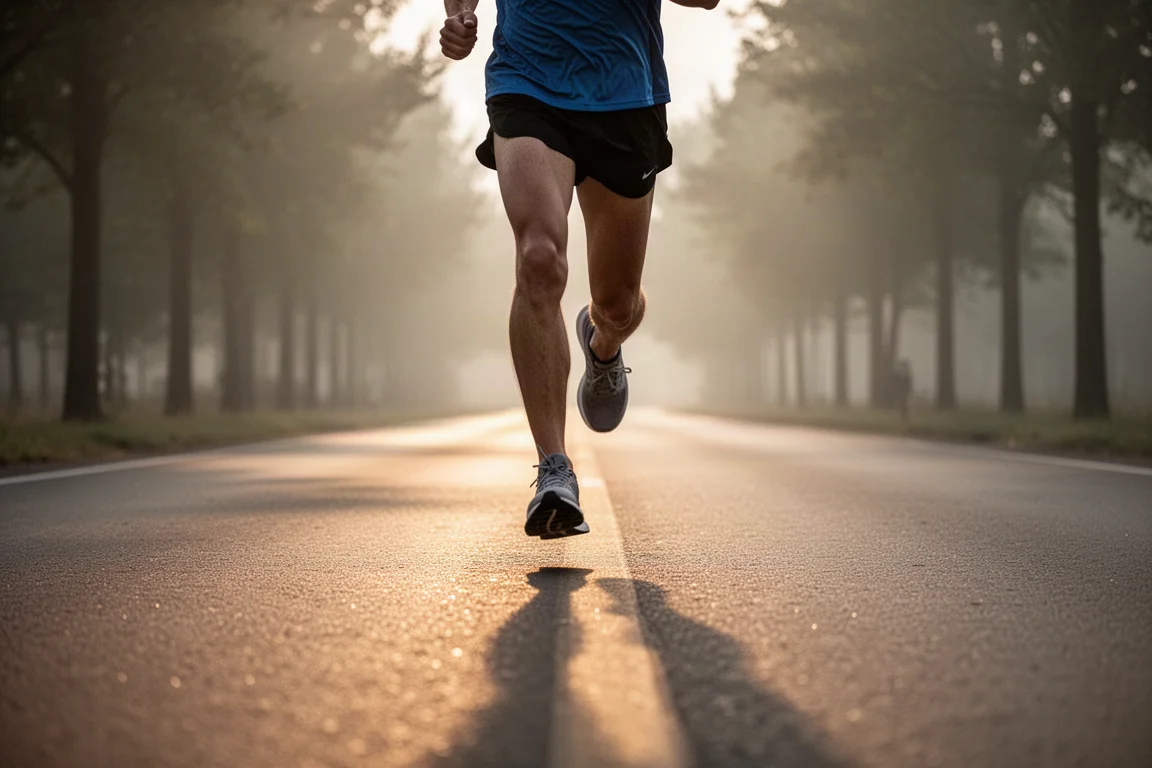 Coureur en pleine foulée sur une route asphaltée déserte dans une douce lumière matinale