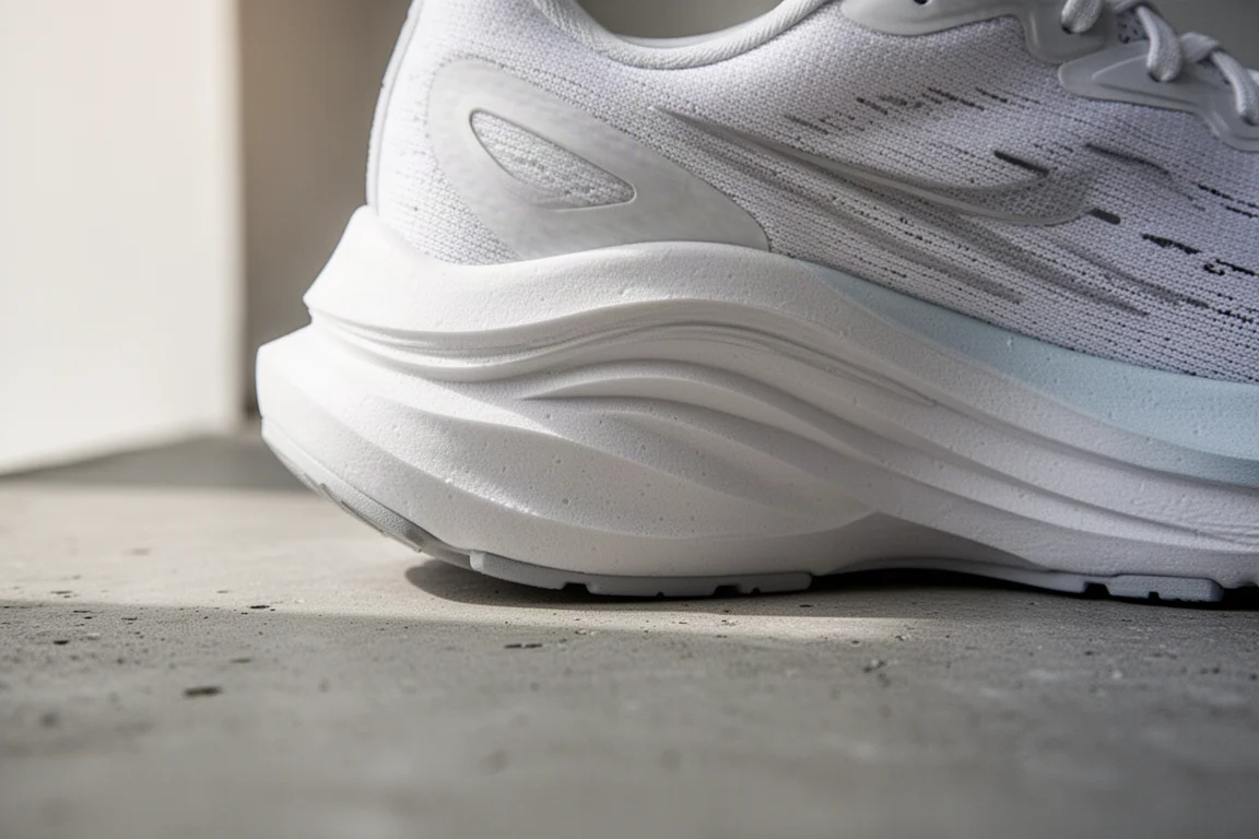 Gros plan sur la semelle intermédiaire d'une chaussure de running montrant la construction en mousse superposée