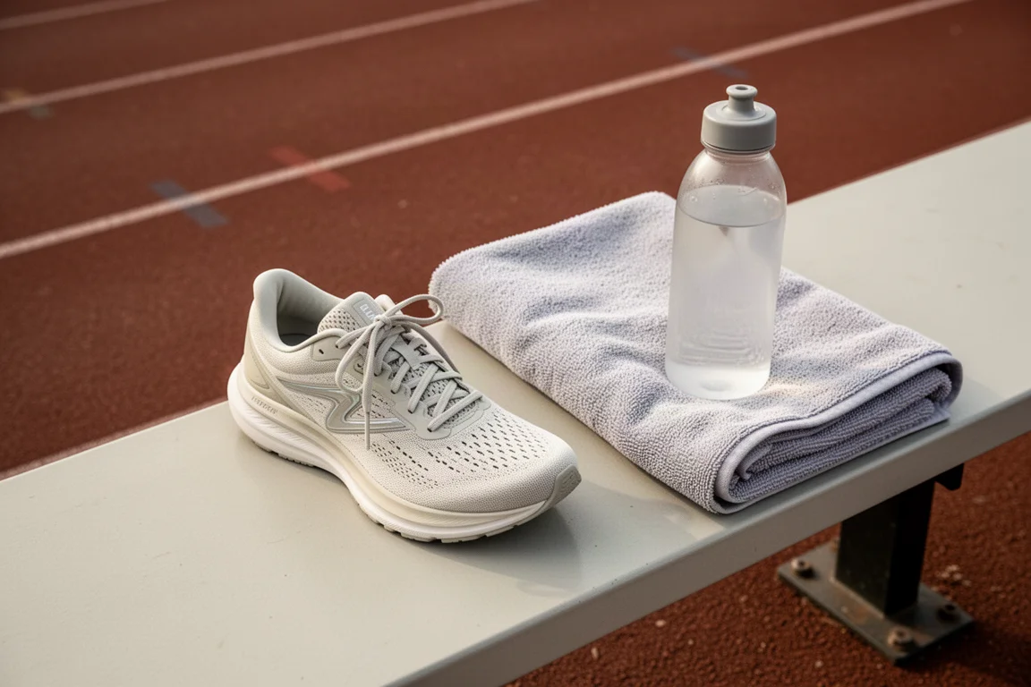 Athlète enfilant une chaussure légère sans chaussettes sur un banc au bord de la piste