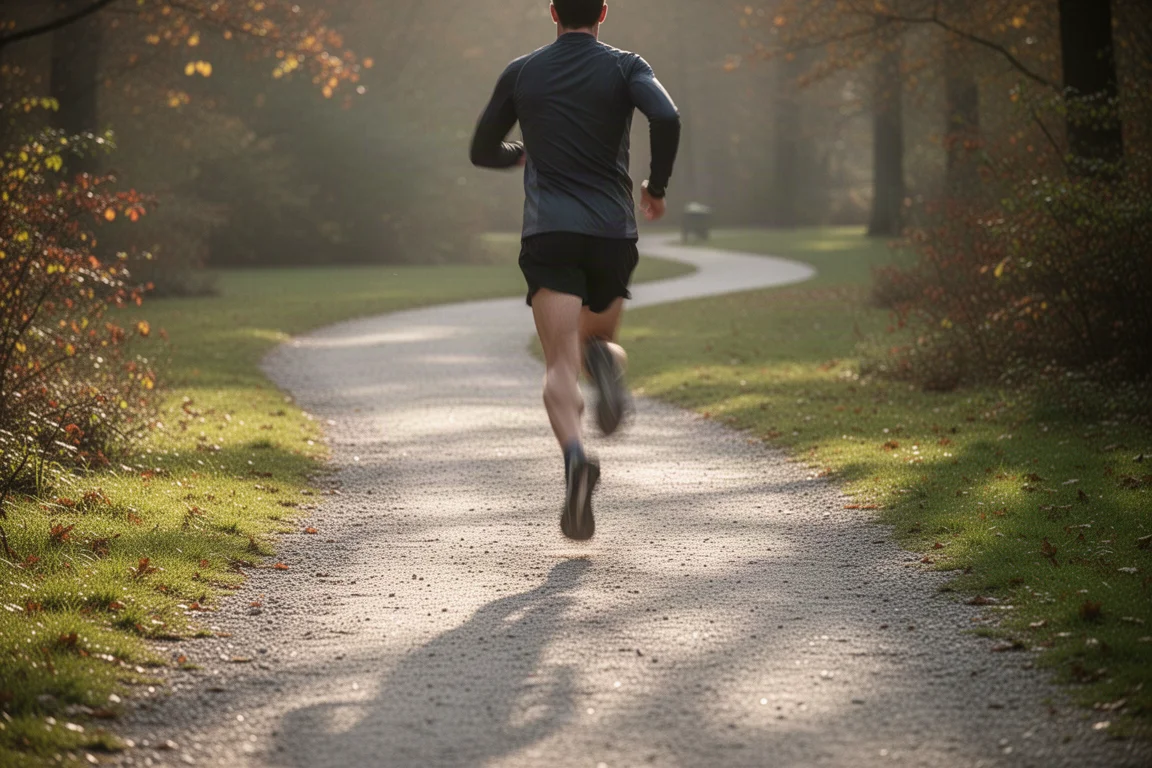 Coureur accélérant sur un sentier sinueux de parc en fin d'après-midi