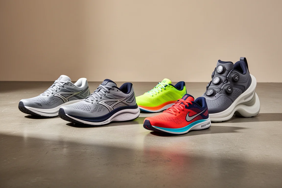 Five different running shoes lined up on a concrete studio floor