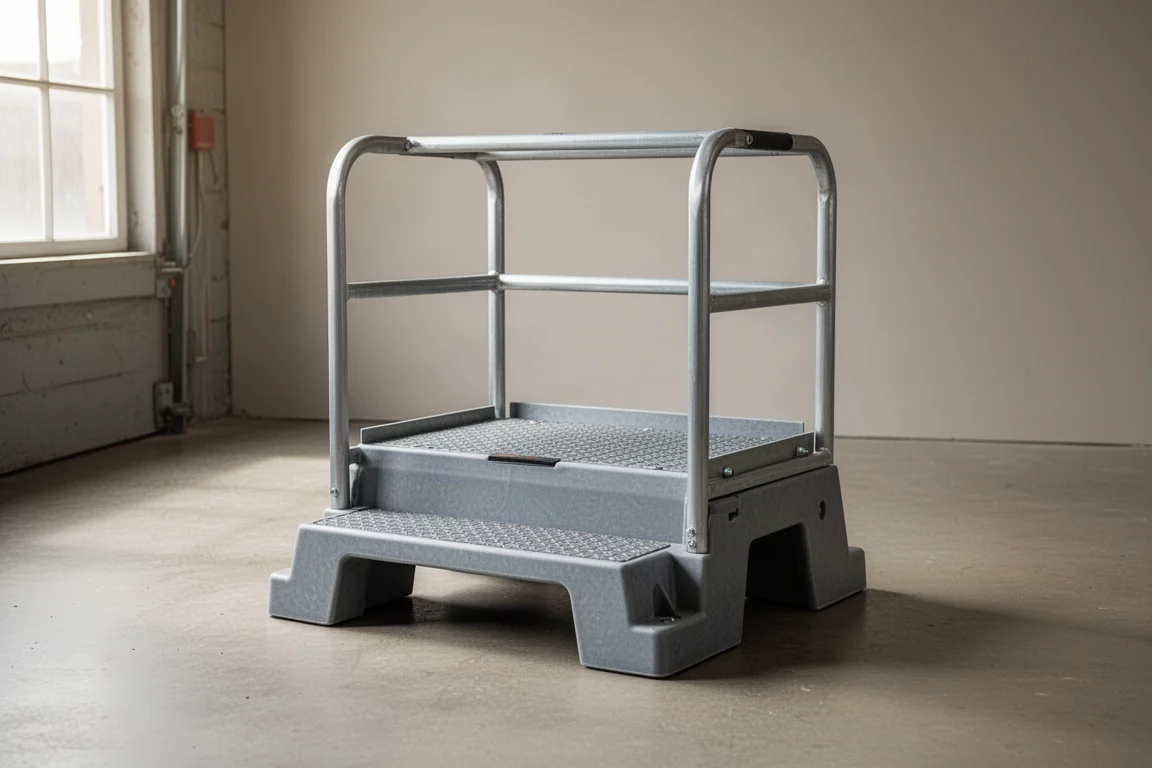 Podiumladder van fiberglass op een bouwplaats met werkgebied boven vloerniveau