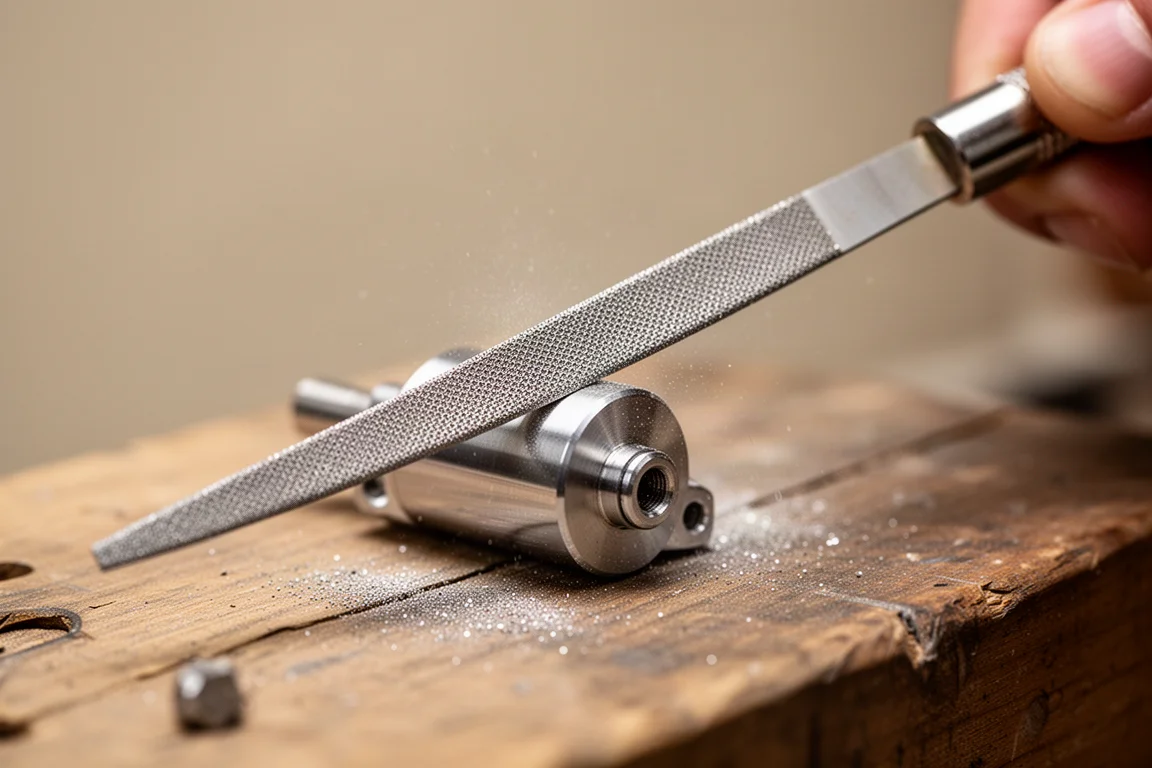 Close-up van een dunne flexibele diamantbestoven vijl waarmee een metalen rand wordt gepolijst