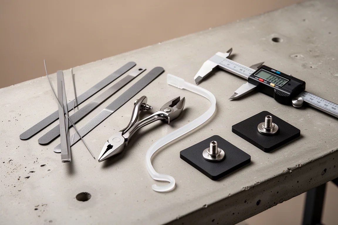 Five workshop tools including files, pliers, a trim hook, a digital caliper, and magnetic mats on a concrete bench
