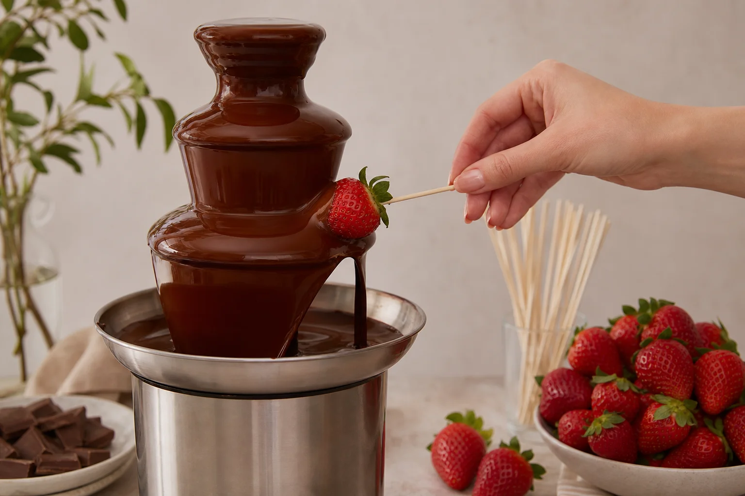 Chocolate fountain with flowing chocolate and strawberries ready for dipping