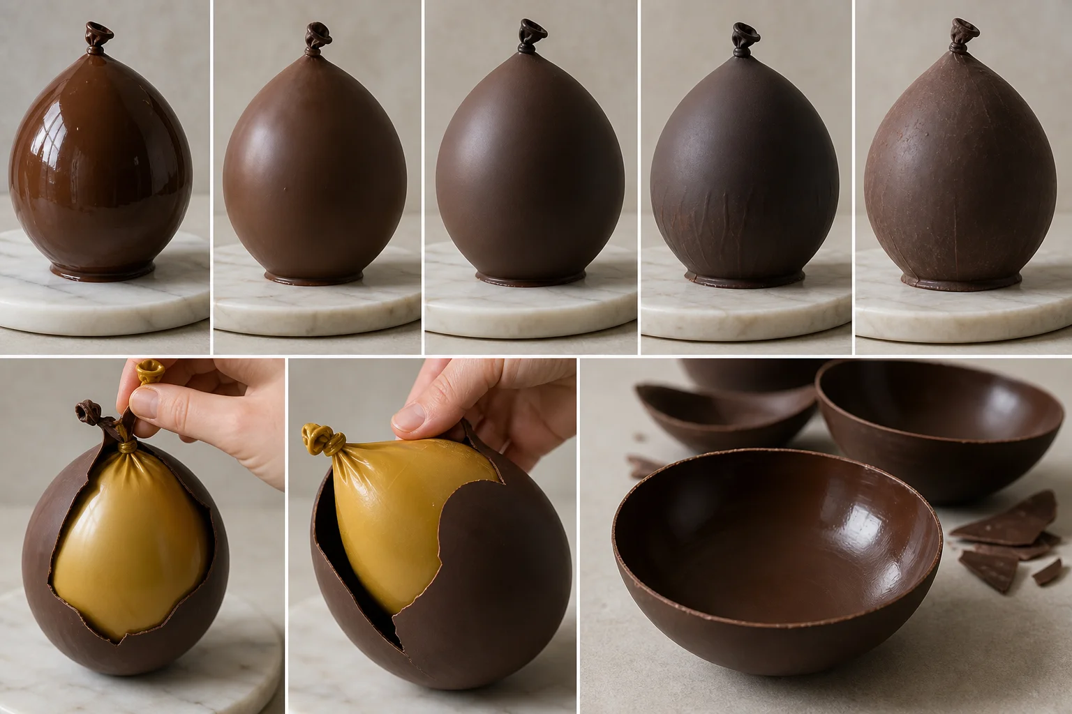 Chocolate balloon bowls being created and popped to reveal finished bowls