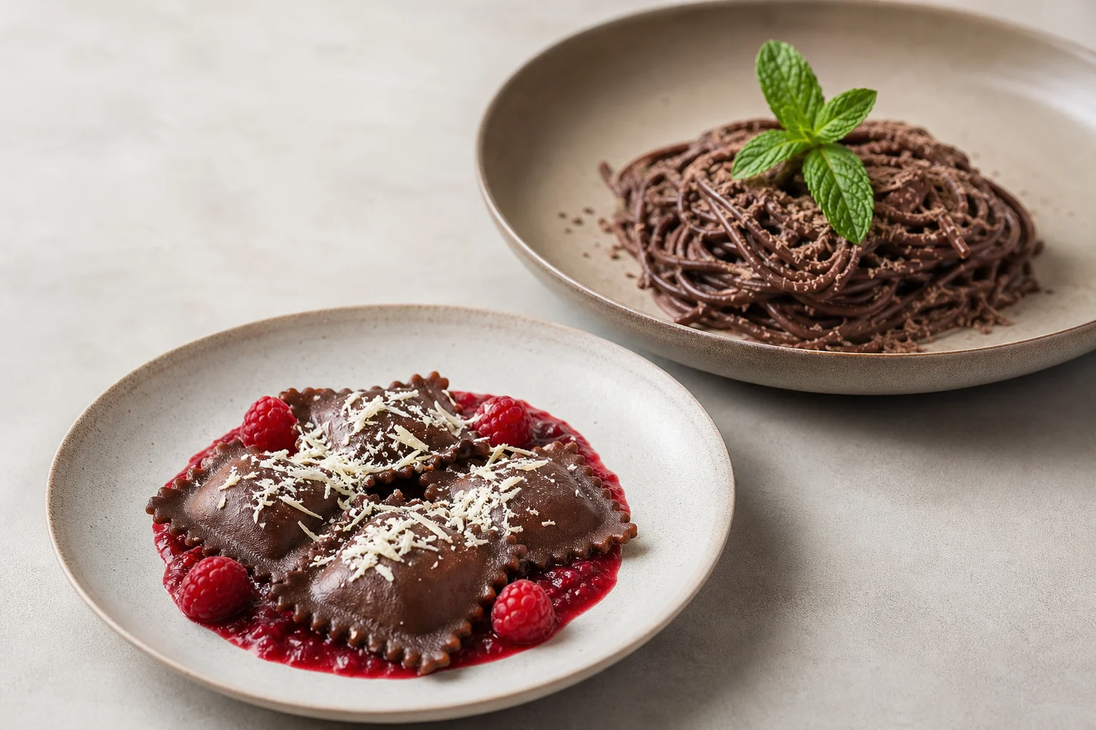 Chocolate ravioli and spaghetti plated as fine dining with raspberry sauce