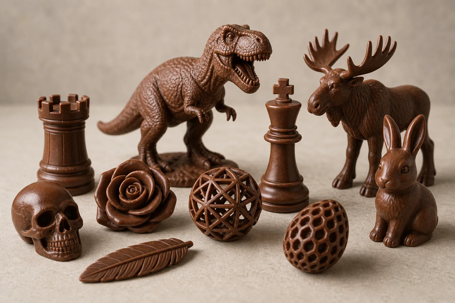 3D printed chocolate sculptures including dinosaur, chess piece, rose, and other items
