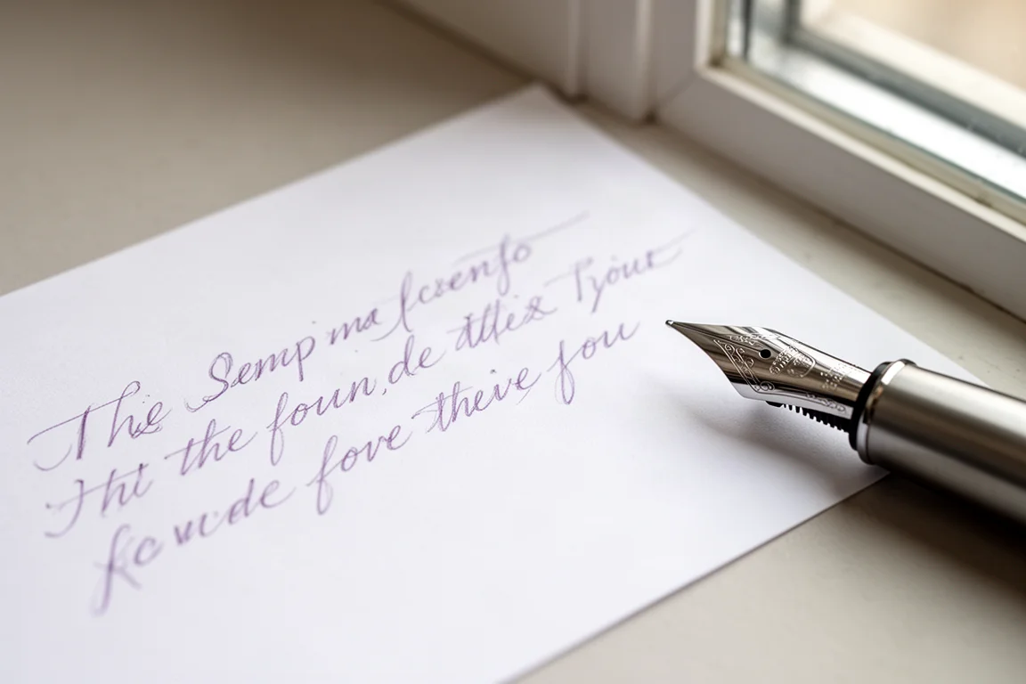 Handschriftliches Schreibbeispiel mit hellvioletter Tinte auf weißem Papier
