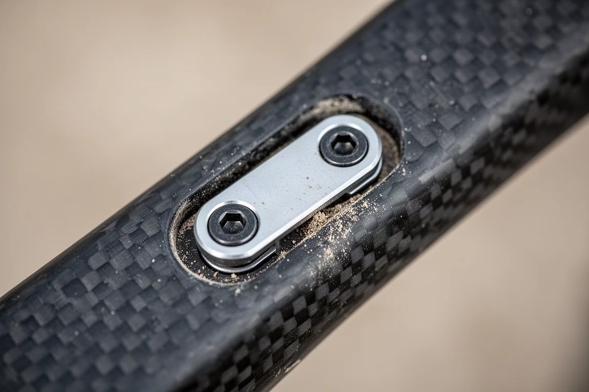 Närbild på en dropout-flip chip-bult på en kolfiberram för gravelcykel