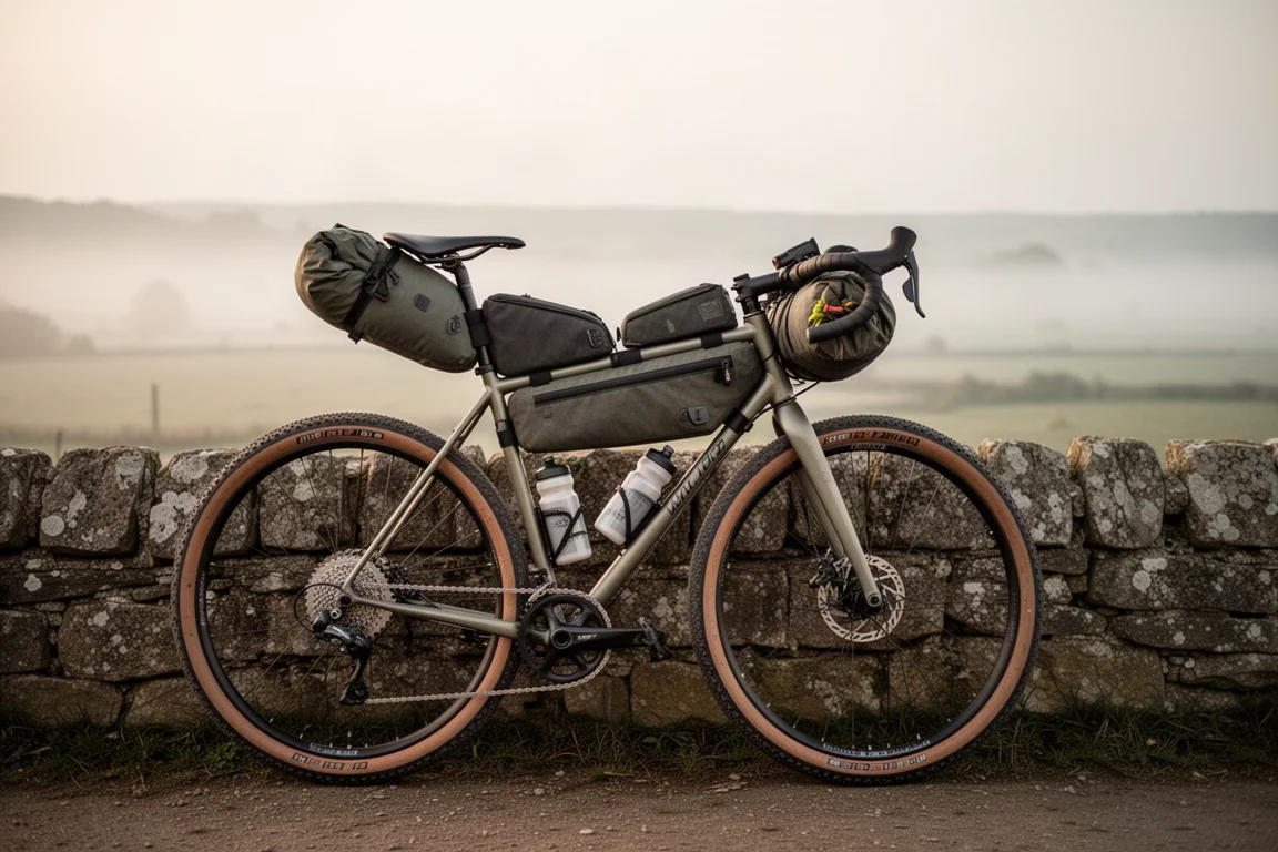 Gravelcykel lastad med ramväskor och flaskor utanför ett lantligt vindskydd