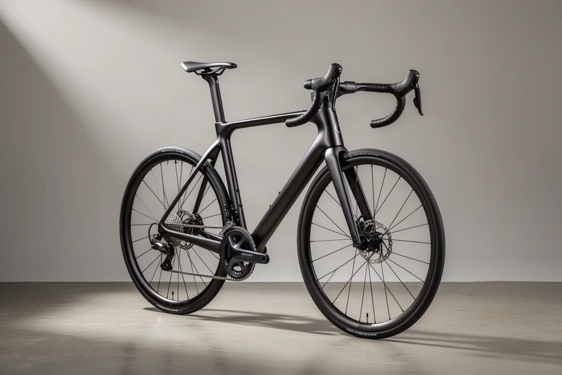 Lichte carbon racefiets met eendelig stuur en stuurpen op een grijze achtergrond