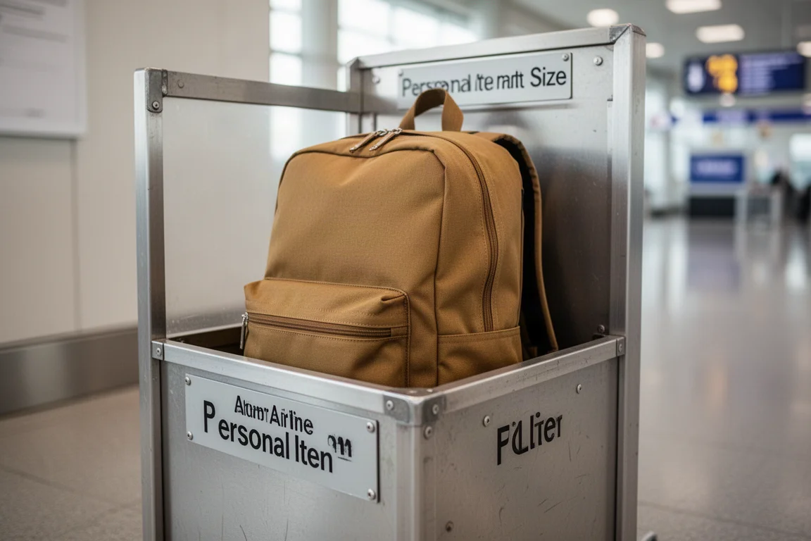 Reseryggsäck placerad i en måttlåda för handbagage på en flygplats