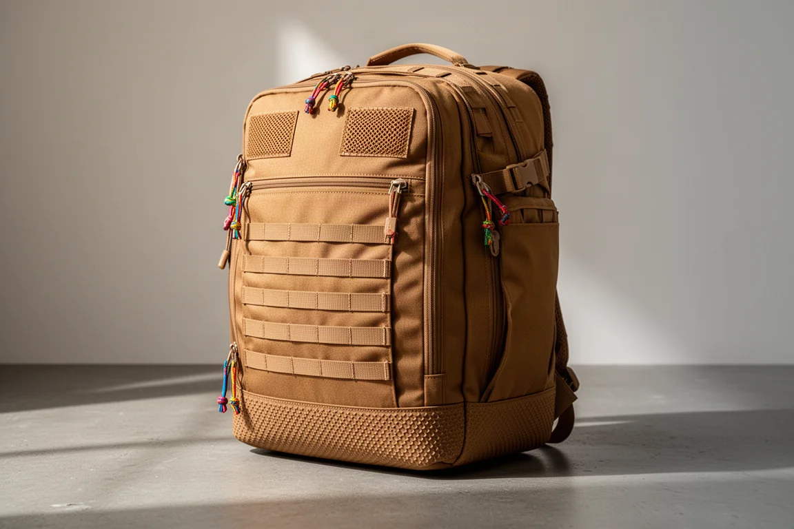 Beiger 5.11 PTR Rucksack steht auf einer Betonfläche