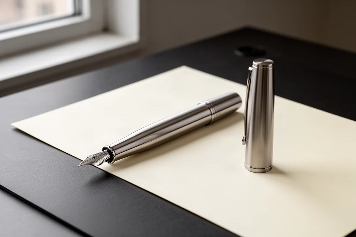 Large titanium fountain pen lying on a dark industrial desk with writing paper