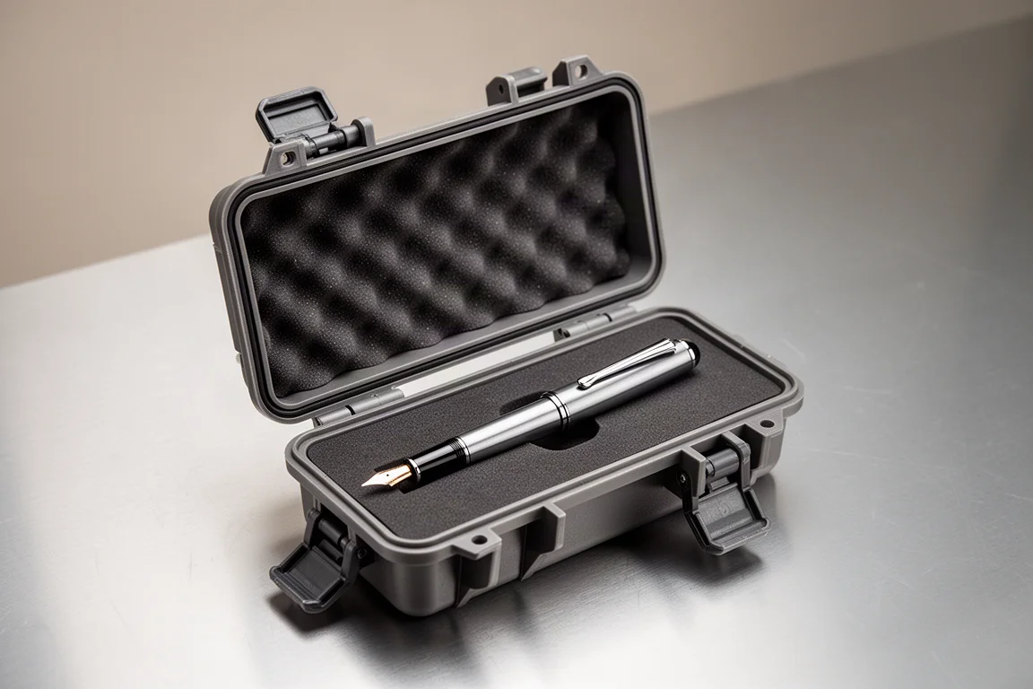 Hard protective case with soft padded interior holding a fountain pen