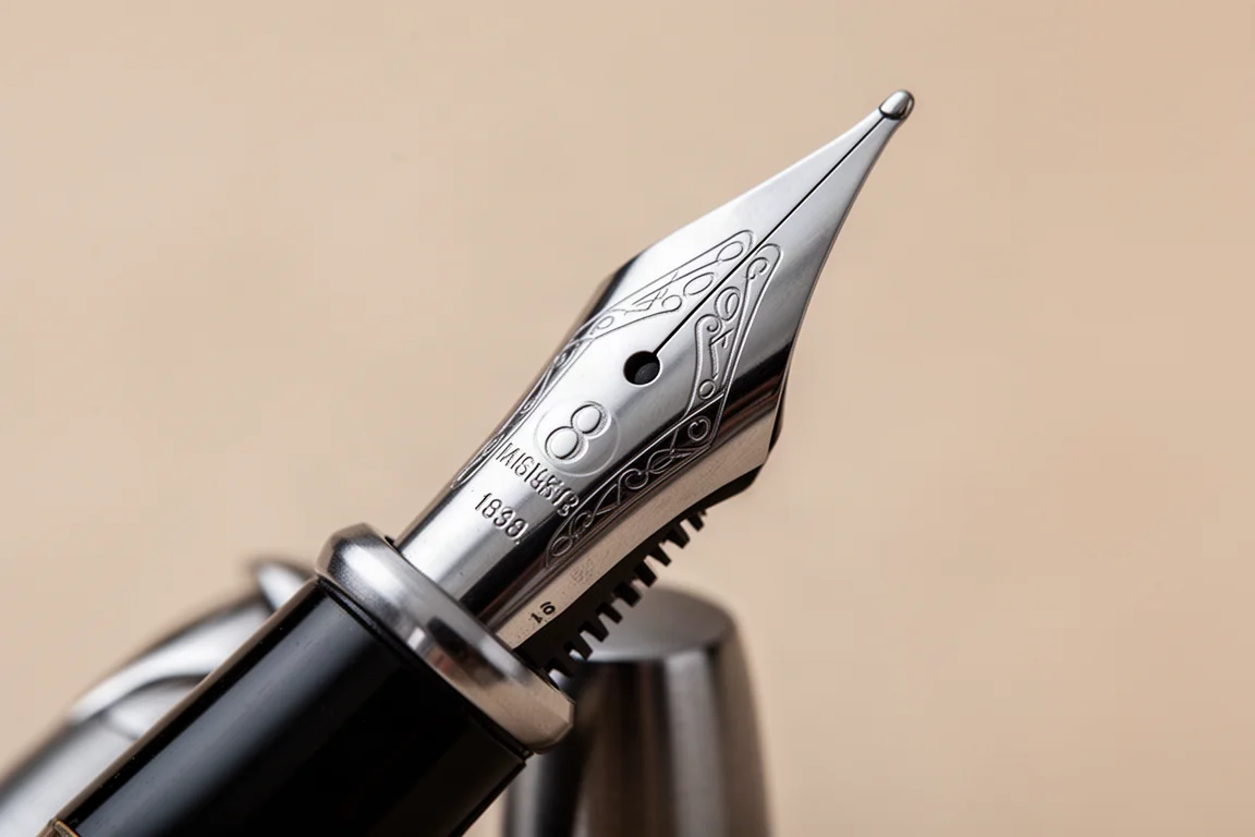 Close-up of a large steel fountain pen nib with an ebonite feed
