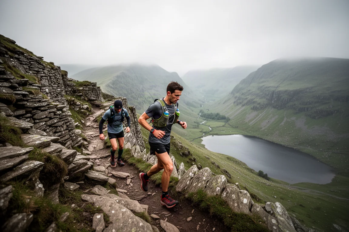Trail runner che sale un sentiero roccioso e ripido nella Lake District sotto un cielo coperto