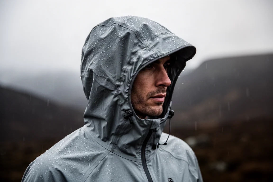 Primo piano del cappuccio di una giacca da running impermeabile con cuciture sigillate sotto la pioggerella