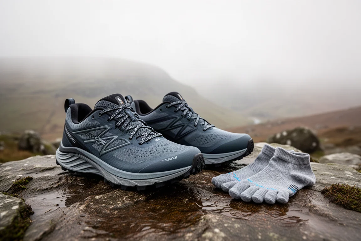 Scarpe da trail running su terreno roccioso lakeland accanto a calze a dita separate