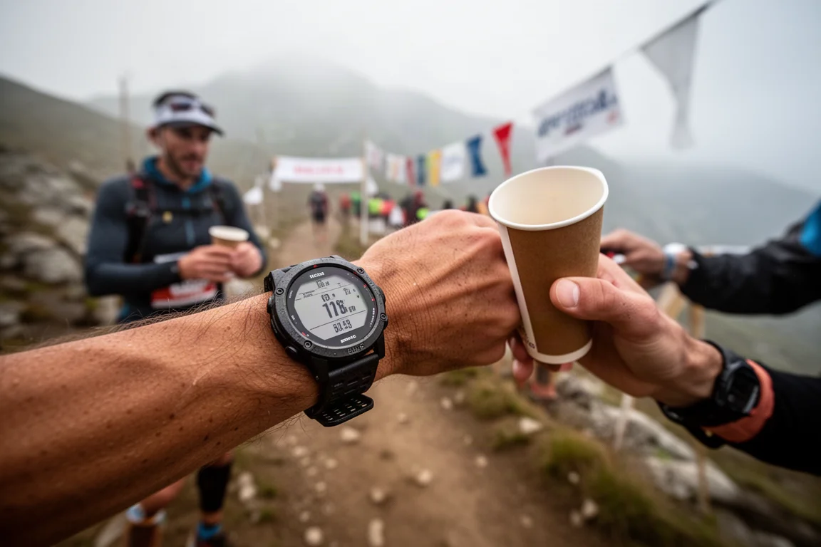 Orologio sportivo al polso con un paesaggio montano aperto sullo sfondo