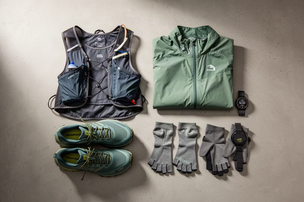Flat-lay of trail running ultra gear including vest pack, waterproof jacket, shoes and watch