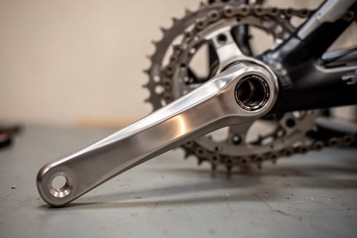 Nahaufnahme eines gefrästen Titan-Kurbelarms, verschraubt an einem Fahrrad-Innenlager