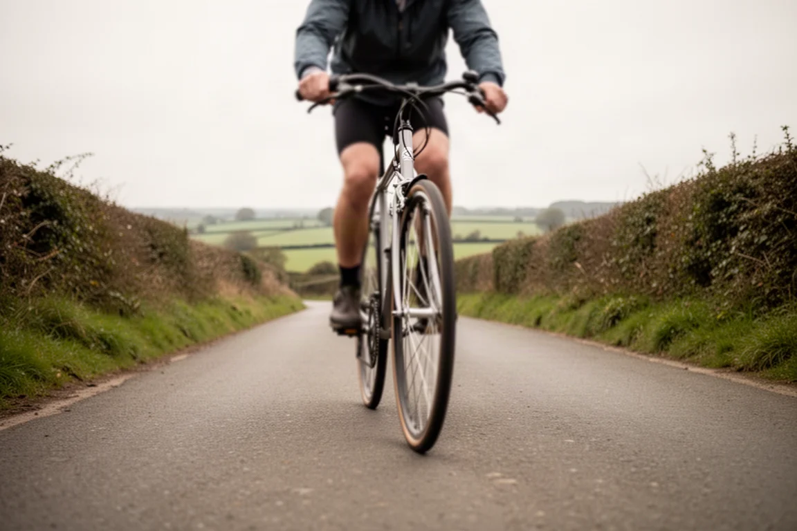 Radfahrer auf einer ruhigen Landstraße in weichem, bedecktem Licht