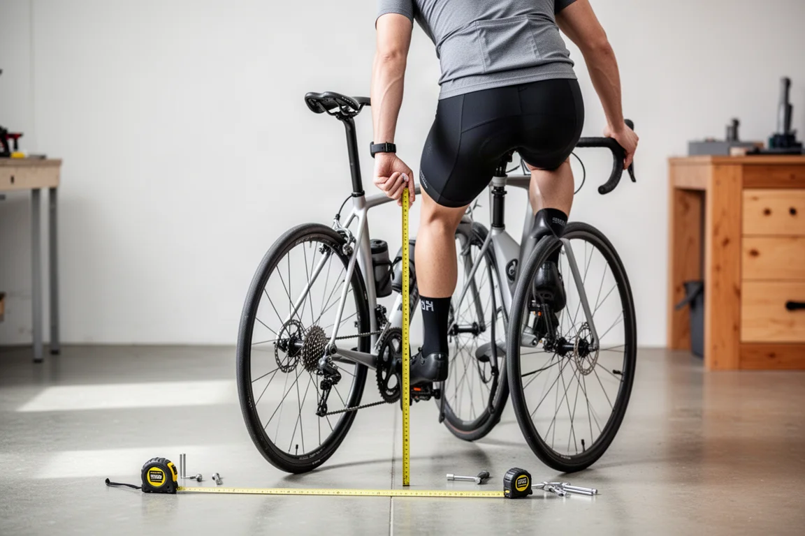 Radfahrer auf dem Rad während einer Bikefit-Session mit Werkzeug in Reichweite