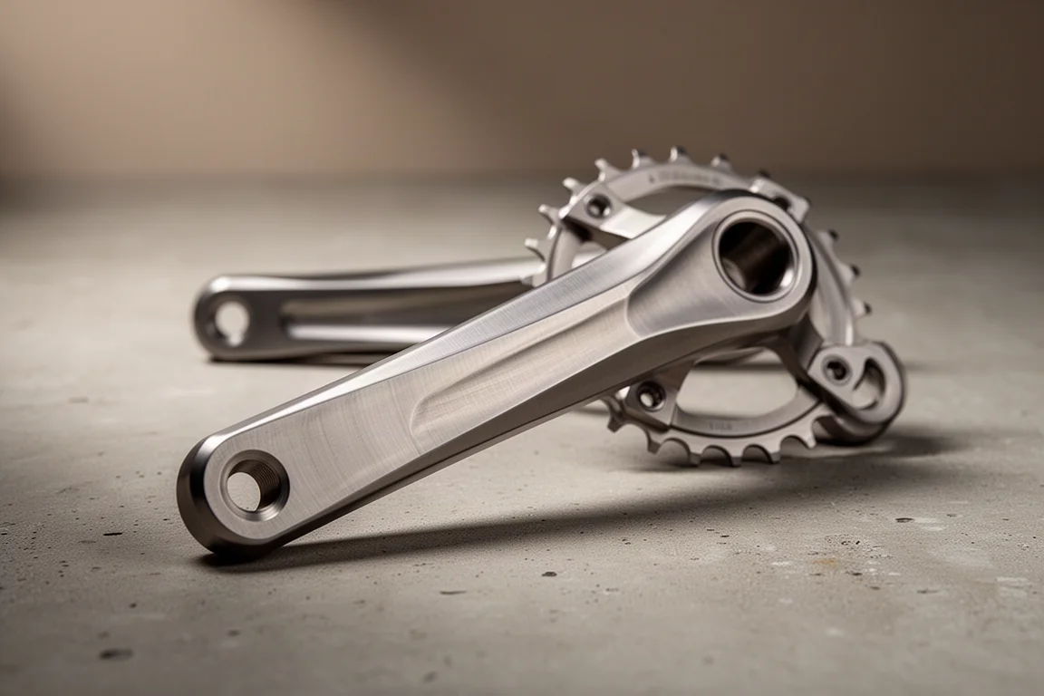 CNC machined titanium bicycle crank arms resting on a matte concrete surface