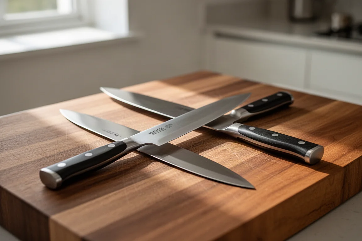 Two chef's knives with different blade lengths on a kitchen counter