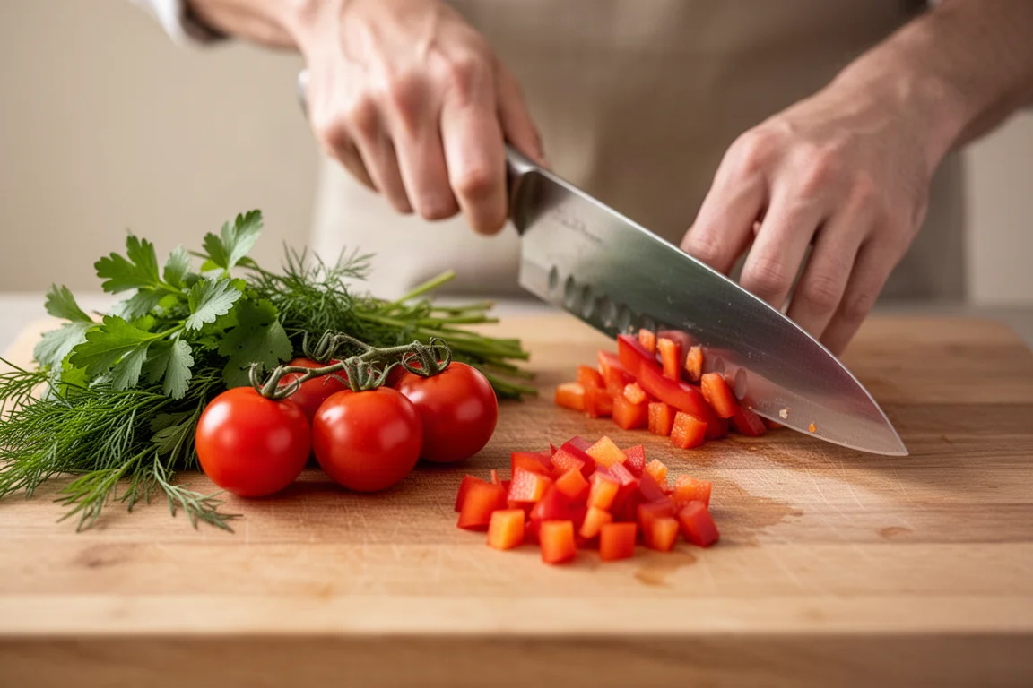 Cook chopping fresh herbs and small vegetables on a cutting board