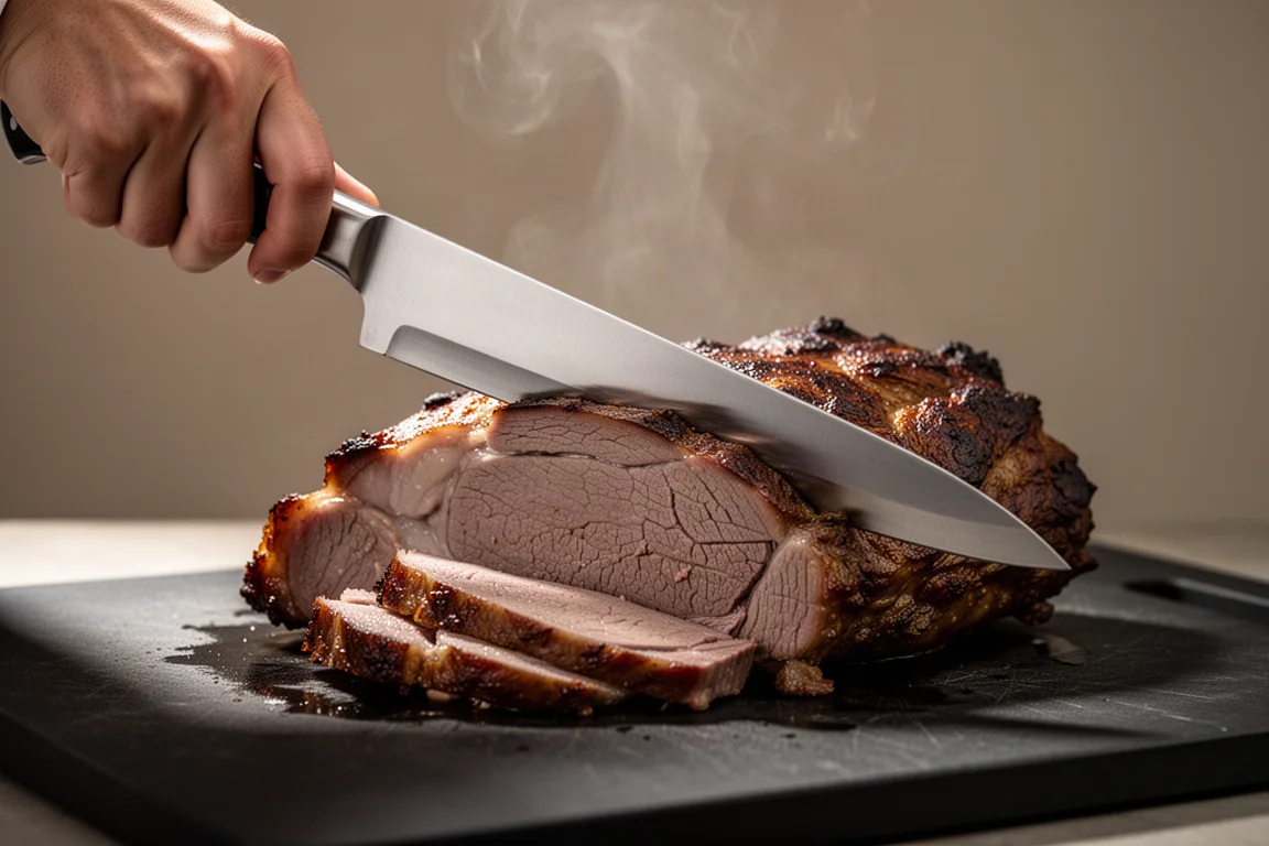 Chef's knife slicing through a large cut of meat on a board