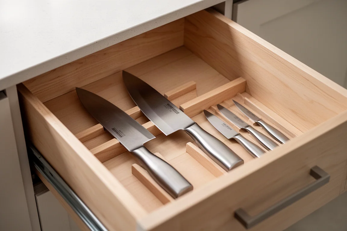 Organized knife storage drawer in a modern kitchen