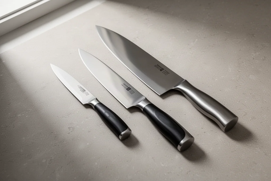 Two chef's knives with different blade lengths on a light stone surface