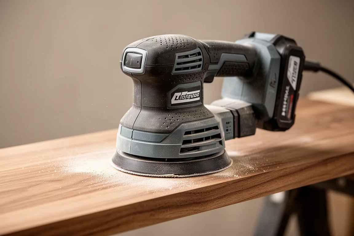 Logge accu-excentrieuschuurmachine rustend op een plank eiken