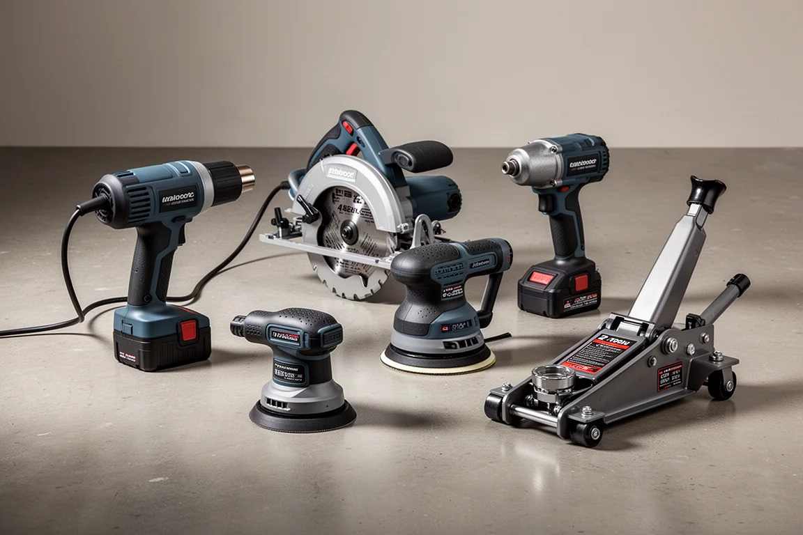 Six power tools including a heat gun, circular saw, sander, impact wrench, palm nailer, and floor jack on concrete