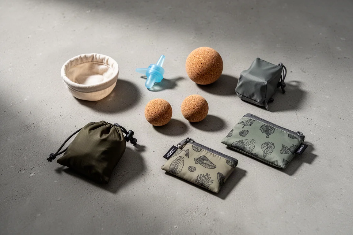 Six small ultralight backpacking accessories arranged on a matte concrete surface